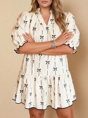 Cream Puff-Sleeve Mini Dress with Black Bow Print V-neck size s kawaii feminine